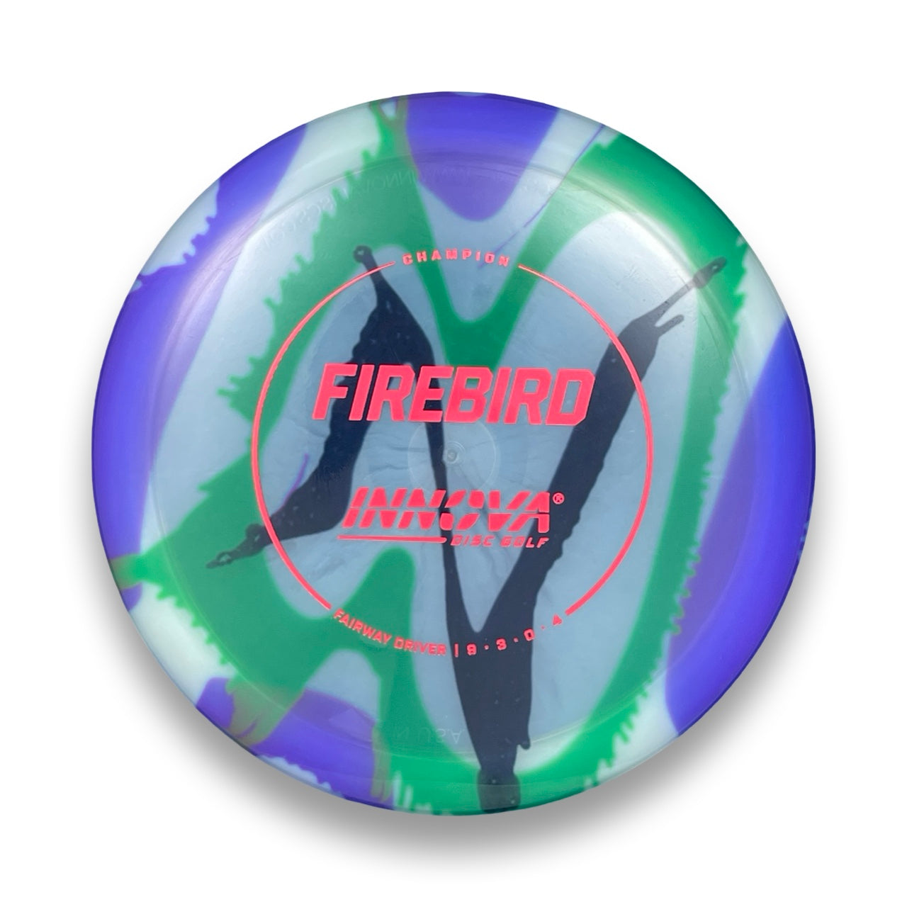 Innova Champion Firebird I-Dye distance driver, angled view showing plastic swirl pattern