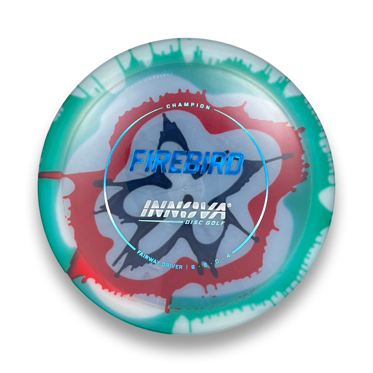 Innova Champion Firebird I-Dye disc golf driver, close-up of dye pattern and stamp