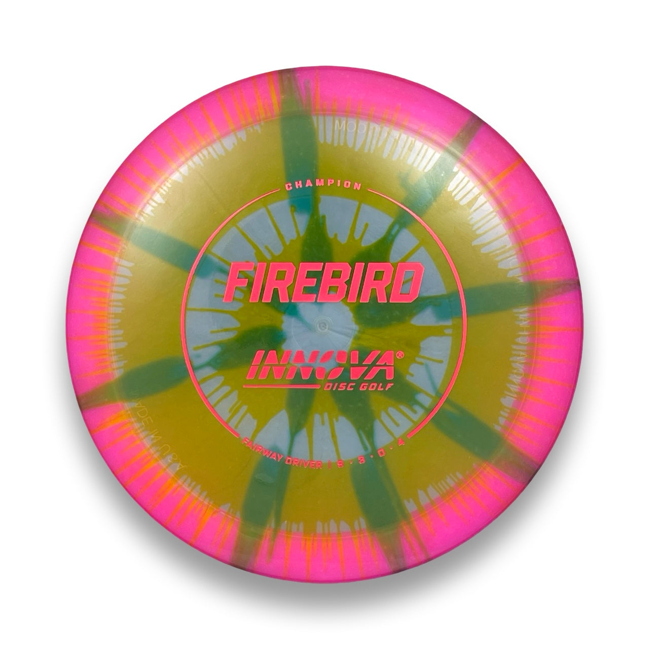 Innova Champion Firebird I-Dye disc golf driver, bottom view showing flight plate